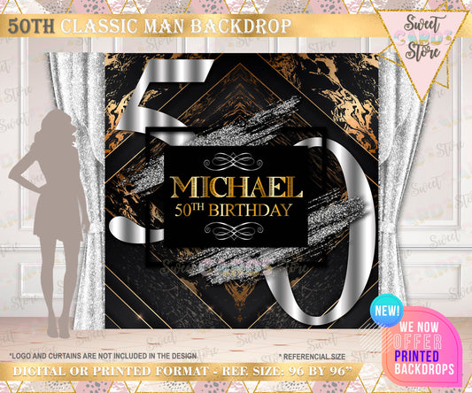 5OTH Birthday Printable Party Backdrop, Fifty Birthday Party Backdrop, Gold silver black 50th Birthday Backdrop, Elegant 50th Backdrop