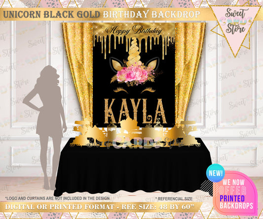 Unicorn printable digital backdrop, unicorn party, unicorn sweet 16 backdrop decor unicorn black and gold unicorn banner unicorn baby shower