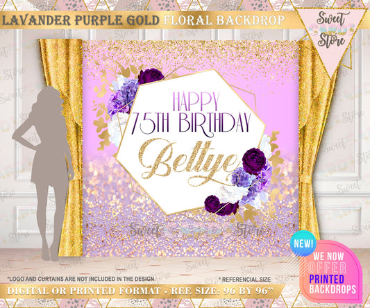 Floral purple and gold birthday backdrop, Purple and Gold floral Backdrop, 50th aniversary backdrop, Elegant gold purple floral backdrop