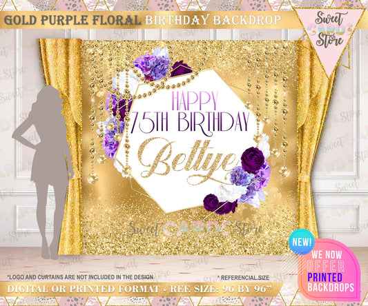 Floral gold purple glitter diamonds birthday backdrop, Purple and Gold floral Backdrop, 50th birthday backdrop, Elegant gold purple backdrop