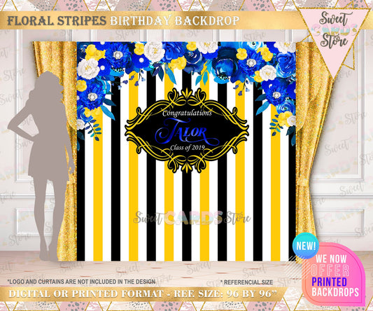 Stripes and floral backdrop, floral backdrop, stripes floral birthday backdrop, royal blue silver floral stripes birthday backdrop