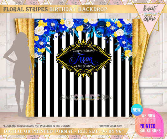 Stripes and floral backdrop, floral backdrop, stripes floral birthday backdrop, royal blue silver floral stripes birthday backdrop