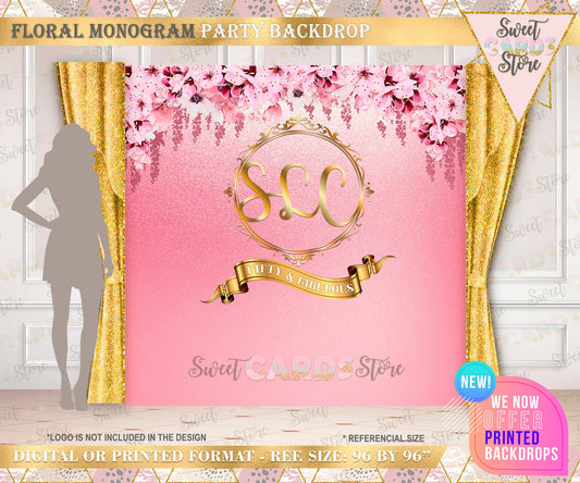 Floral wedding step and repeat backdrop, floral watercolor step and repeat wedding anniversary backdrop, flowers step and repeat monogram