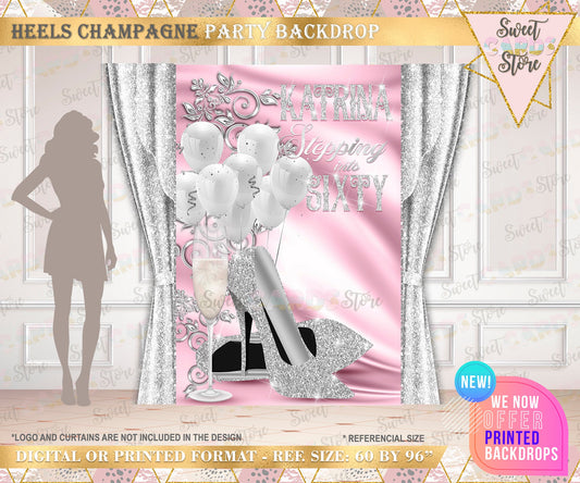 High Heels champagne diamonds birthday backdrop, Heels and champagne backdrop, Glam Backdrop, Glam Birthday backdrop, Heels champagne banner