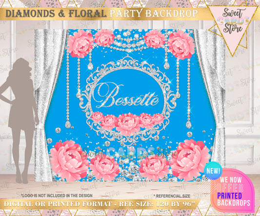 Diamond and Flowers Baby shower Backdrop, Diamonds backdrop, Flowers baby shower, Elegant diamonds baby shower backdrop, Baby shower girl