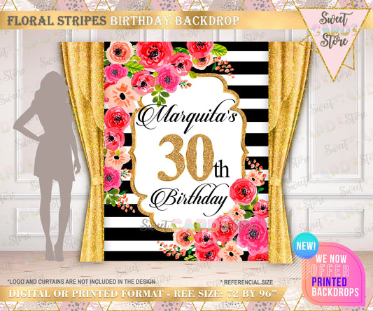 Stripes and floral backdrop, floral backdrop, 30th birthday backdrop, red blush gold floral stripes backdrop, flowers stripes banner