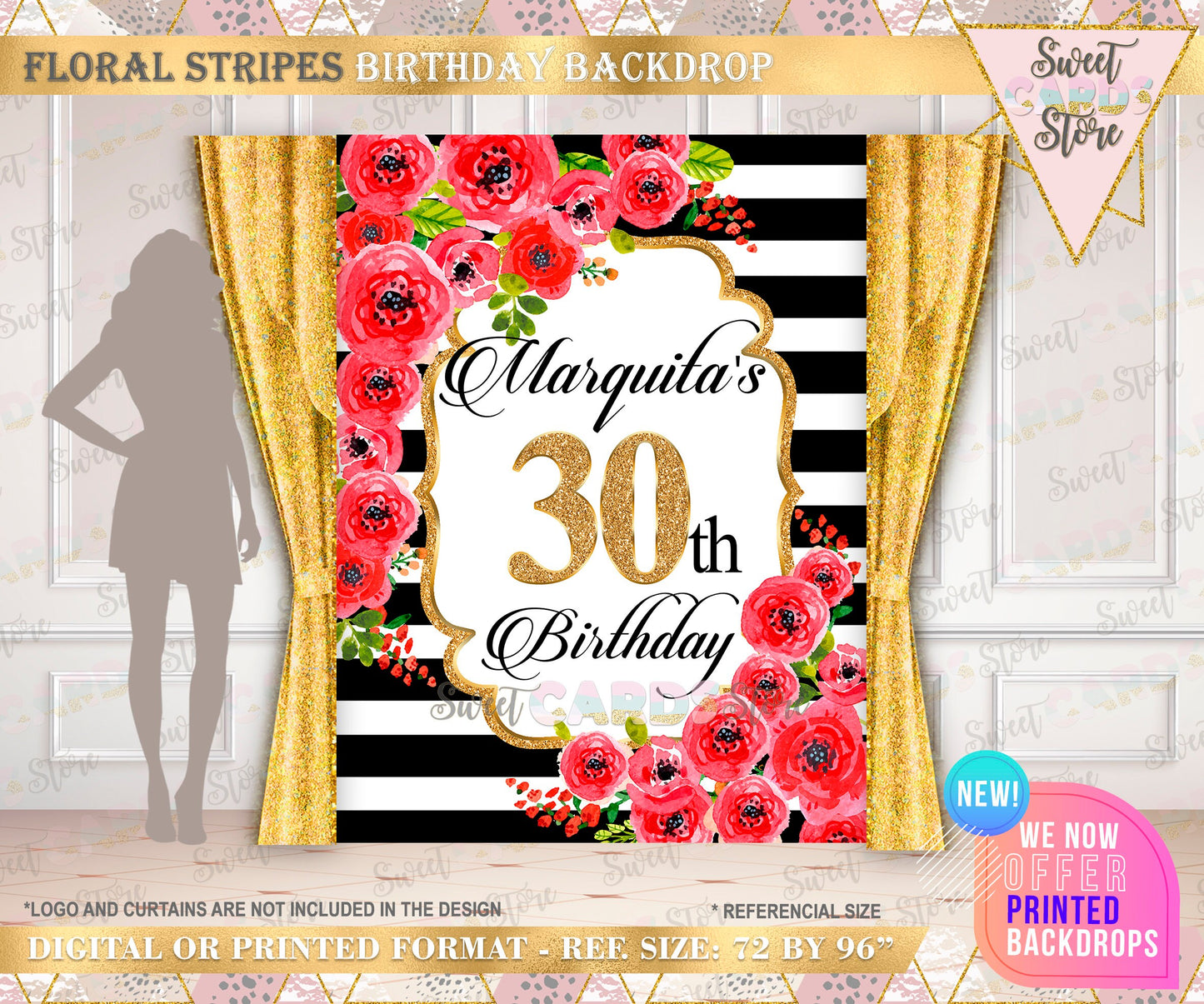 Stripes and floral backdrop, floral backdrop, 30th birthday backdrop, red  gold floral stripes backdrop, flowers stripes banner