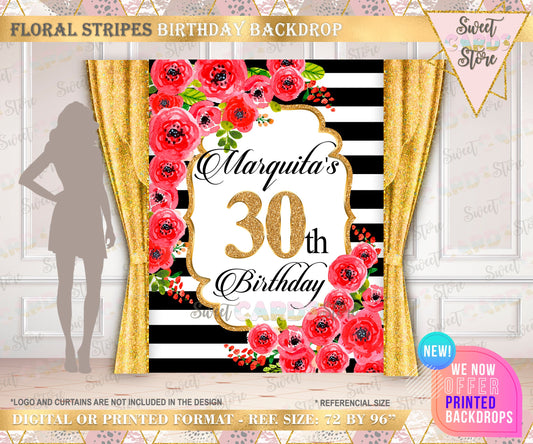 Stripes and floral backdrop, floral backdrop, 30th birthday backdrop, red gold floral stripes backdrop, flowers stripes banner