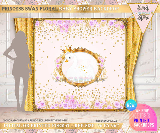 Princess Swan Backdrop, Princess swan banner, crown swan backdrop, Swan flowers glitter backdrop, Princess swan baby shower girl backdrop