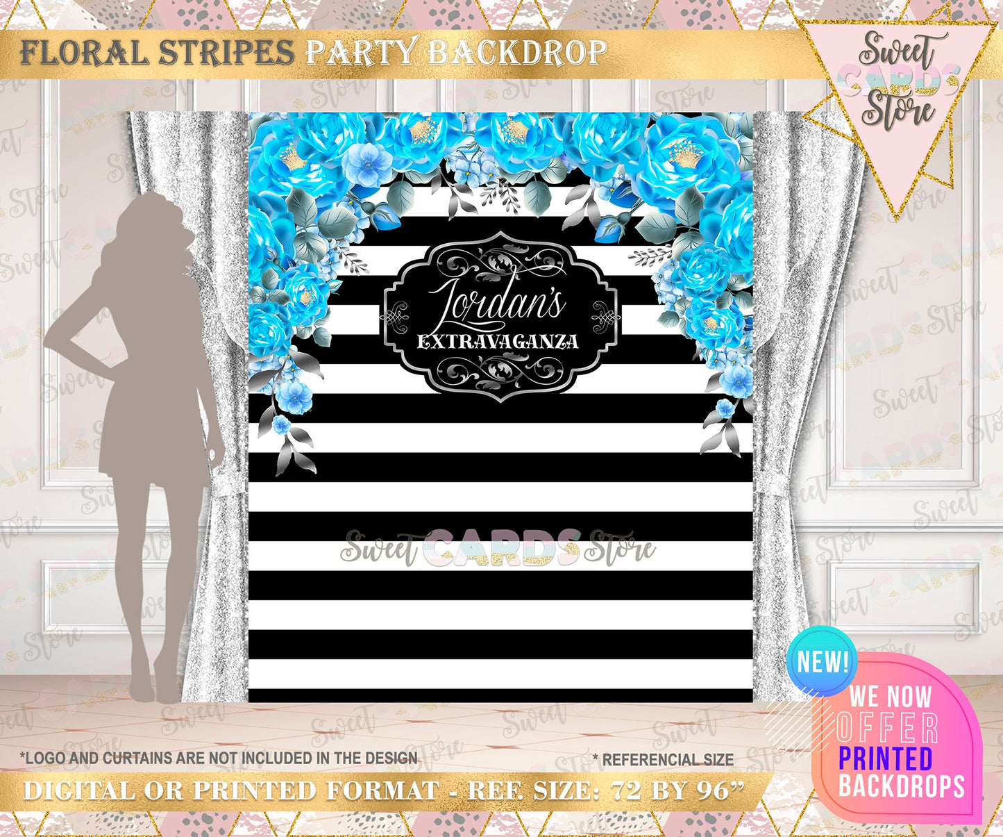 Stripes and floral backdrop, floral backdrop, stripes floral birthday backdrop, blue silver black floral stripes birthday backdrop