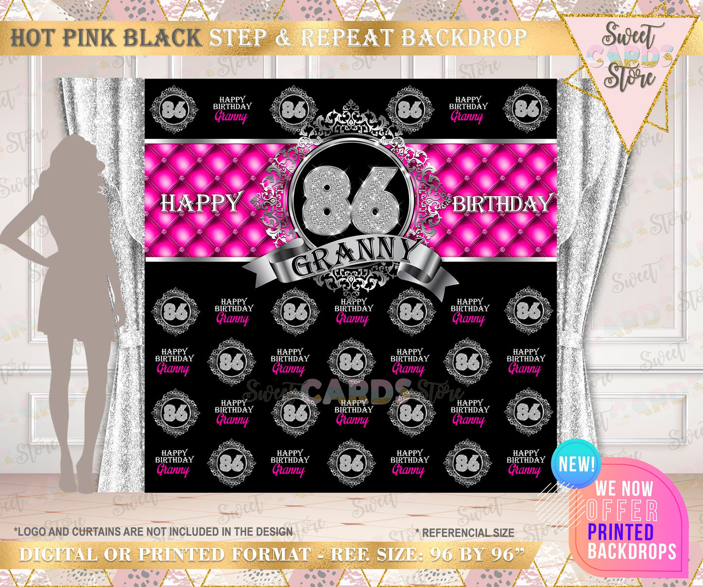 80th 60th Birthday Step and Repeat Printable party backdrop, Hot pink silver Black Backdrop, 60th 50th 40th Birthday step  repeat backdrop