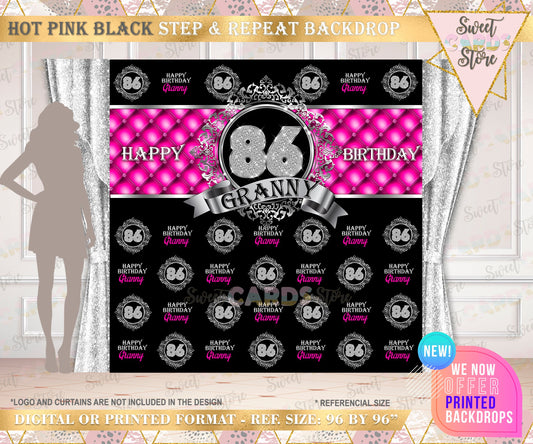 80th 60th Birthday Step and Repeat Printable party backdrop, Hot pink silver Black Backdrop, 60th 50th 40th Birthday step repeat backdrop