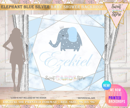 Elephant Baby Shower Backdrop, Elephant Baby Shower, Elephant Party, Elephant Birthday, Blue and silver Backdrop, Blue Baby Shower elephant