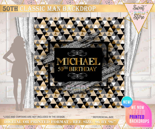 5OTH Birthday Printable Party Backdrop, Fifty Birthday Party Backdrop, Gold silver black 50th Birthday Backdrop, Elegant 50th Backdrop