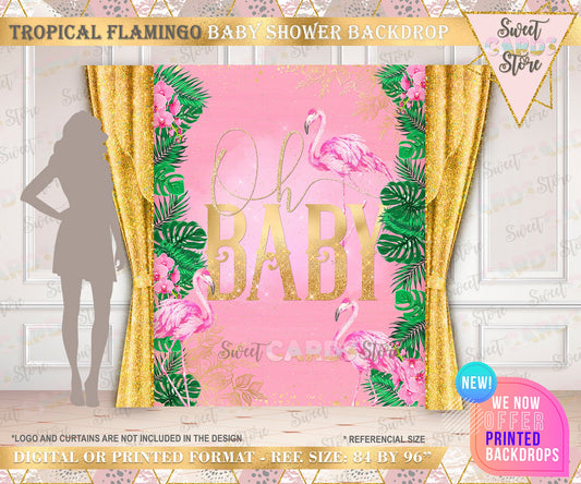 Flamingo Gold Glitter baby shower  Backdrop, Flamingo Party Backdrop, Baby shower Flamingo Printable backdrop, Tropical backdrop baby shower