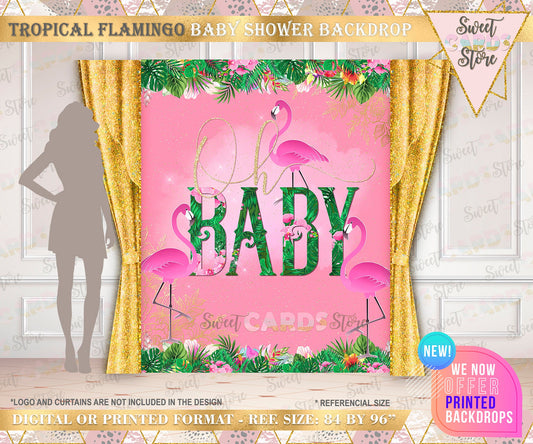 Flamingo Gold Glitter baby shower  Backdrop, Flamingo Party Backdrop, Baby shower Flamingo Printable backdrop, Tropical backdrop baby shower