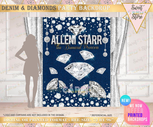 Denim Diamonds princess Backdrop, Denim Baby Shower Backdrop, Diamonds denim sweet 16 backdrop, Denim Diamonds banner, denim sweet sixteen