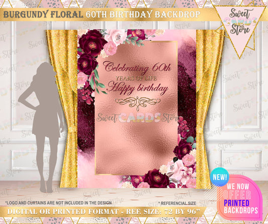 Floral wedding anniversary backdrop, floral wedding anniversary backdrop decor, flowers anniversary burgundy rose gold backdrop decor