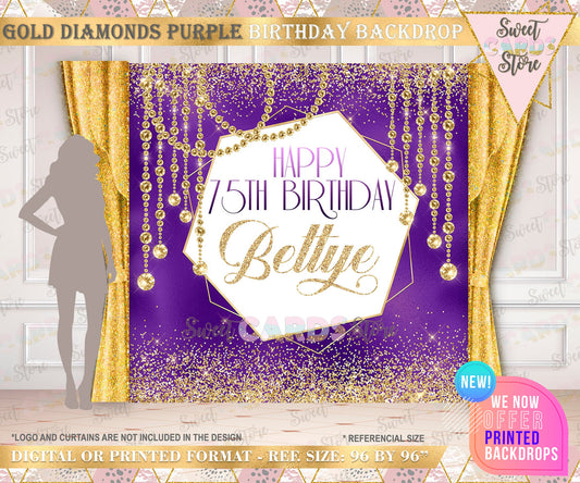 Golden Diamonds Backdrop 75th birthday, 50th birthday backdrop, diamonds backdrop, purple gold backdrop elegant lurxury backdrop decor