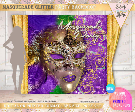 masquerade backdrop, purple green masquerade, Glitter masquerade, masquerade,mardi gras backdrop,party backdrop,birthday backdrop,printed