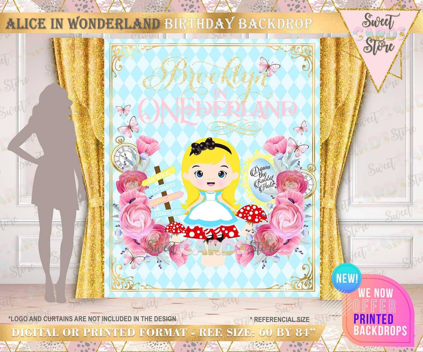 Wonderland backdrop, wonderland birthday party backdrop, Onederland banner, wonderland banner, floral tea party backdrop