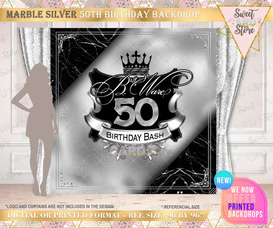 50th marble Black Silver birthday Backdrop, 40th Birthday Backdrop 60th Black silver banner, classic man backdrop man king birthday backdrop