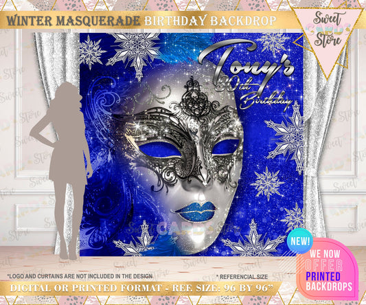 masquerade winter backdrop, blue silver masquerade, Glitter masquerade, masquerade winter mardi gras party backdrop,birthday backdrop