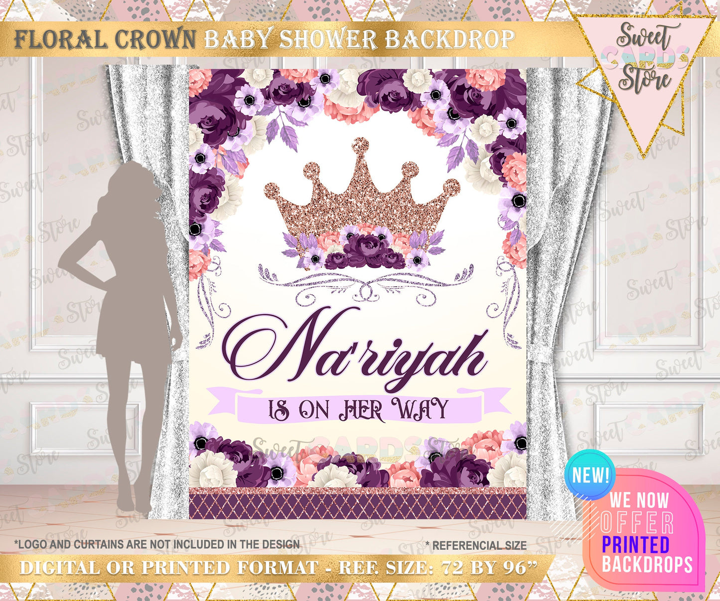 Princess floral Party Backdrop, Princess crown Party Backdrop, Princess tiara Backdrop, Princess birthday party, Princess floral baby shower