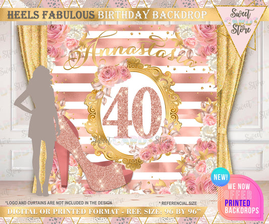 High Heels floral glitter birthday backdrop, Heels and flowers backdrop, Glam Backdrop, Glam Birthday backdrop, Heels elegant banner