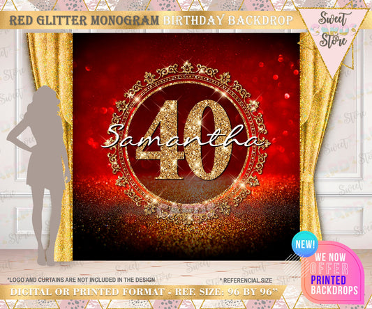 Red gold glitter Monogram 40th 50th 60th 30th Birthday, anniversary backdrop, elegant luxury glamourous backdrop, elegant banner luxe banner