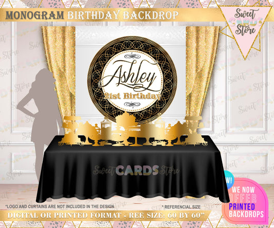 Elegant black gold Monogram 40th 50th 60th 30th Birthday, Elegant anniversary backdrop, elegant luxury glamourous backdrop, monogram table