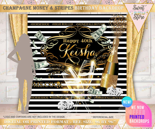 champagne & money Birthday Party Backdrop, 50th 40th 60th Birthday Party Backdrop, black gold 50th Birthday Backdrop, Elegant 50th Backdrop