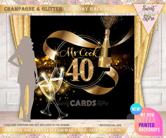 Glitter champagne party backdrop, champagne party step and repeat backdrop, 40th 50th 60th birthday backdrop, champagne glitter party decor