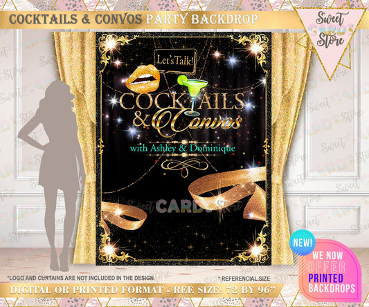 Cocktails & convos birthday party backdrop, Black gold liquor Backdrop, 60th 50th 40th Birthday cocktails backdrop banner birthday decor