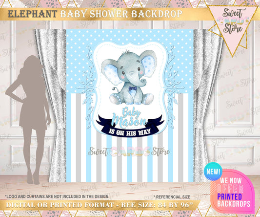 Elephant Baby Shower Backdrop, Elephant Baby Shower, Elephant Party, Elephant Birthday, Blue and Silver Backdrop, Blue Baby Shower elephant