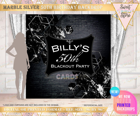 50th marble Black Silver birthday Backdrop, 40th Birthday Backdrop, 60th Black silver banner, Party Backdrop, Happy Birthday Backdrop Banner