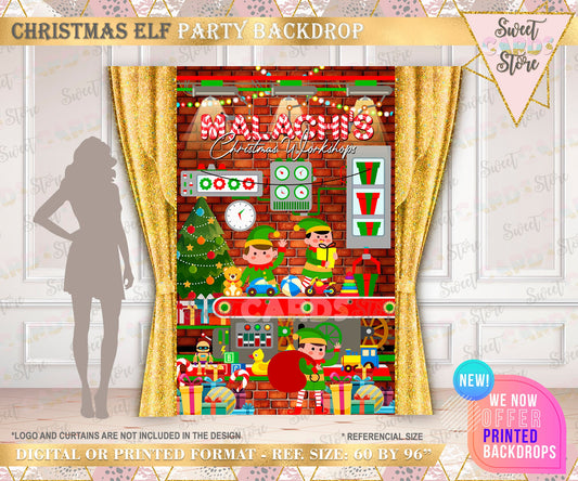 christmas elf workshop party backdrop, Elfs party Backdrop, christmas workshop backdrop, christmas toy shop party backdrop, elf backdrop