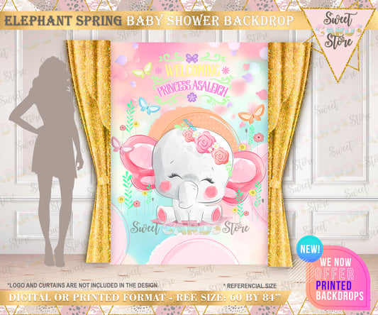 Baby Elephant floral spring Baby Shower Backdrop, it's a girl Elephant Baby Shower Backdrop, flowers Elephant girl Baby shower backdrop