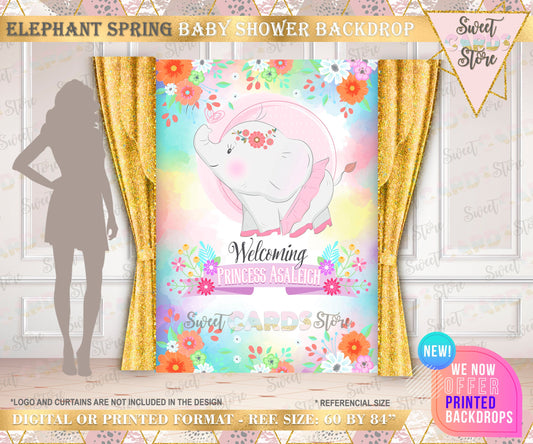 Baby Elephant floral spring Baby Shower Backdrop, it's a girl Elephant Baby Shower Backdrop, flowers Elephant girl Baby shower backdrop