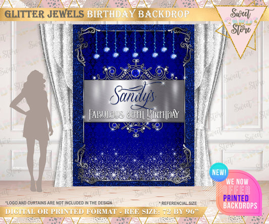 60th Birthday party backdrop, 60th anniversary diamonds backdrop, blue diamonds silver backdrop, royal diamonds backdrop, 60 diamonds banner