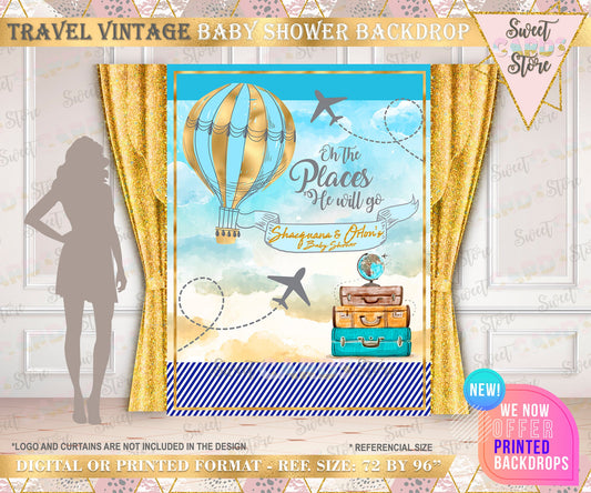 Travel Vintage backdrop, Airplane Boy Backdrop, Travel Backdrop, Hot air balloon vintage backdrop, vintage traveling baby shower backdrop