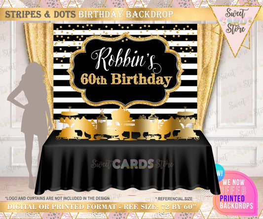 Stripes and glitter backdrop, glitter backdrop, 40th birthday backdrop, black gold glitter dots stripes backdrop, Glitter stripes banner