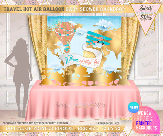 Hot air balloon girl Baby shower backdrop, Up Up and away backdrop baby shower hot air balloon banner vintage travel baby shower backdrop