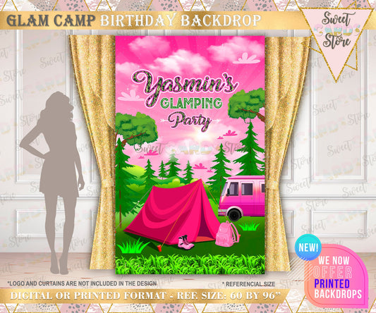Glamping Party Backdrop, pink Camping Party, Camp Party, Campfire Party, Camper Party, In THe woods Party, camo girl Birthday