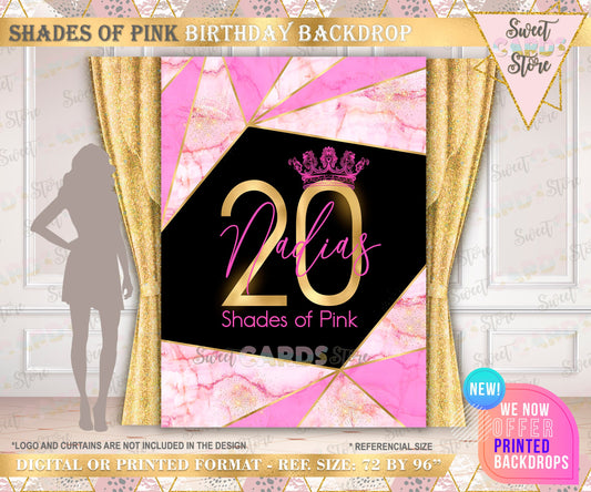 Shades of pink birthday backdrop 20th 30th 40th birthday backdrop pink black marble backdrop, sweet 16 hot pink backdrop glitter banner DSH02