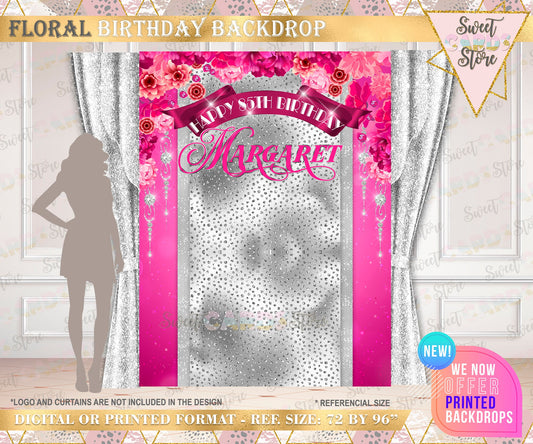 Diamond and Flowers Birthday Backdrop, Diamonds backdrop, Floral backdrop, Elegant diamonds birthday anniversary backdrop, luxury backdrop