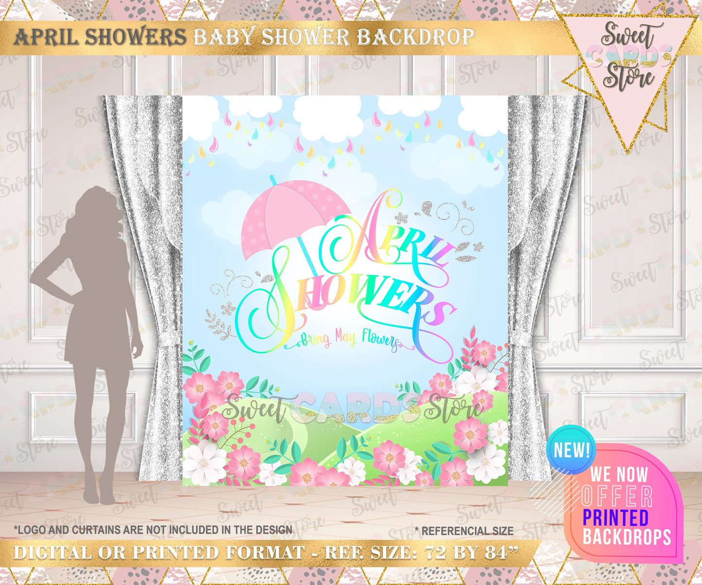 april showers floral party backdrop, april showers baby shower backdrop, spring floral banner, april spring flowers shower backdrop decor