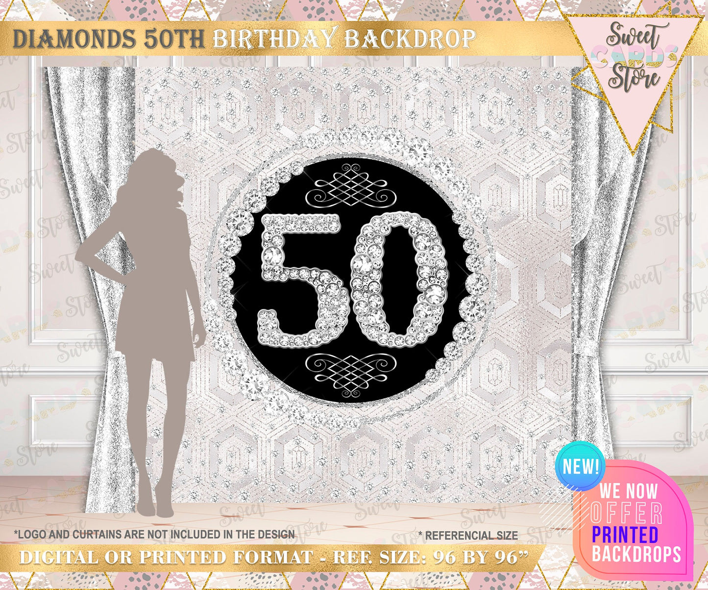 50th diamonds Backdrop, Elegant Backdrop, diamonds 40th 50th 60th Backdrop, glam backdrop, 30th 40th 50th 60th backdrop, birthday banner