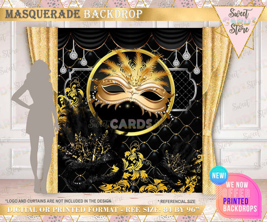 masquerade backdrop, black gold red masquerade, Glitter masquerade, masquerade,mardi gras backdrop,party backdrop,birthday backdrop,printed