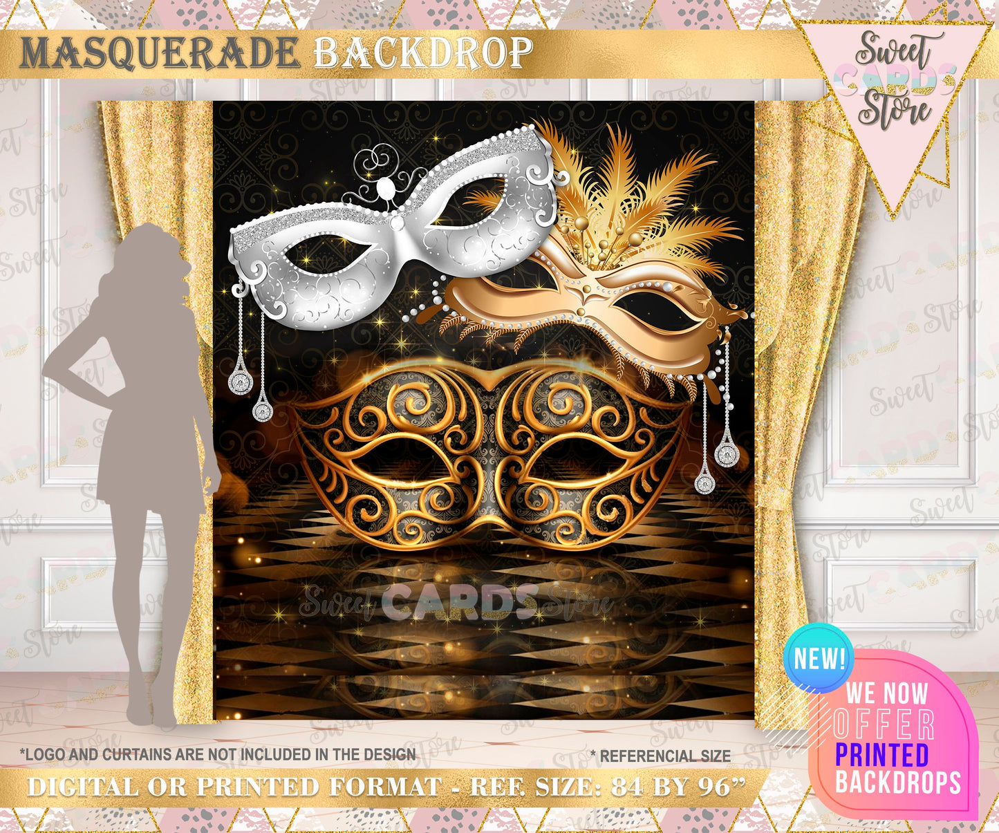 masquerade backdrop, black gold red masquerade, Glitter masquerade, masquerade,mardi gras backdrop,party backdrop,birthday backdrop,printed